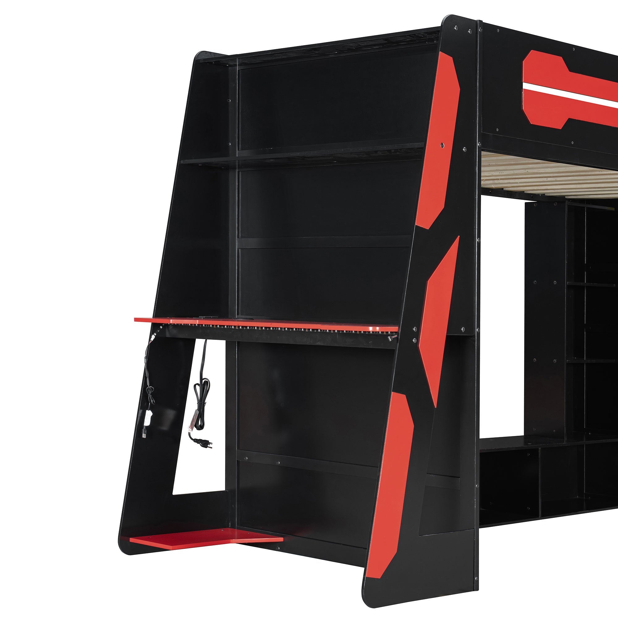 Twin Size Wood Loft Bed with Desk, Multi-storage Shelves and RGB Light, Red