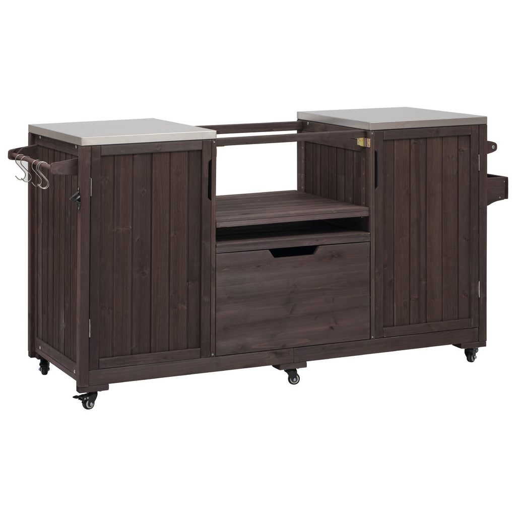 Outdoor Kitchen Island Grill Cart Fir Wood Stainless Steel 66.5