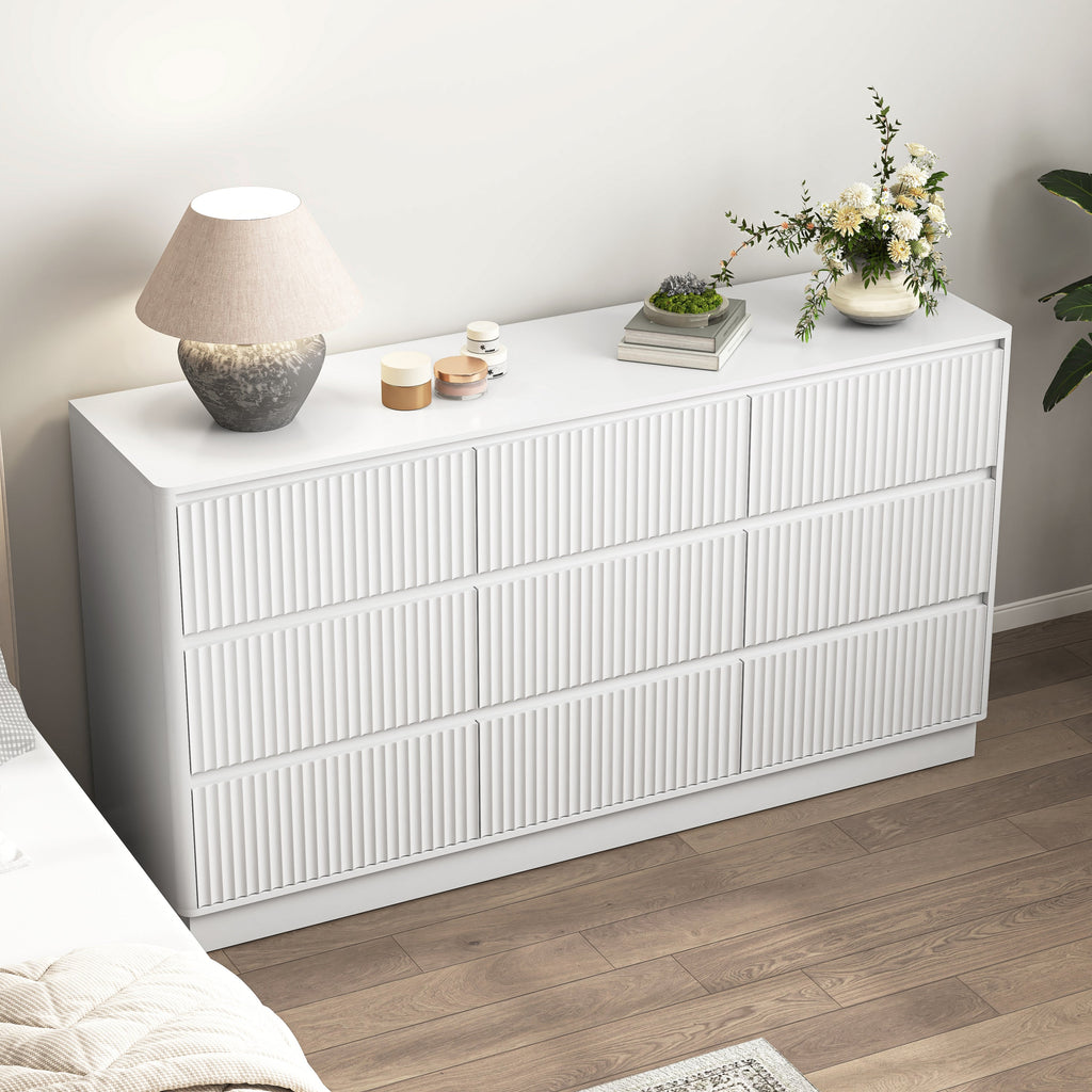 Dresser Mid-Century 9-Drawer White Wave No-Handle 59.1x15.7x31.6 In