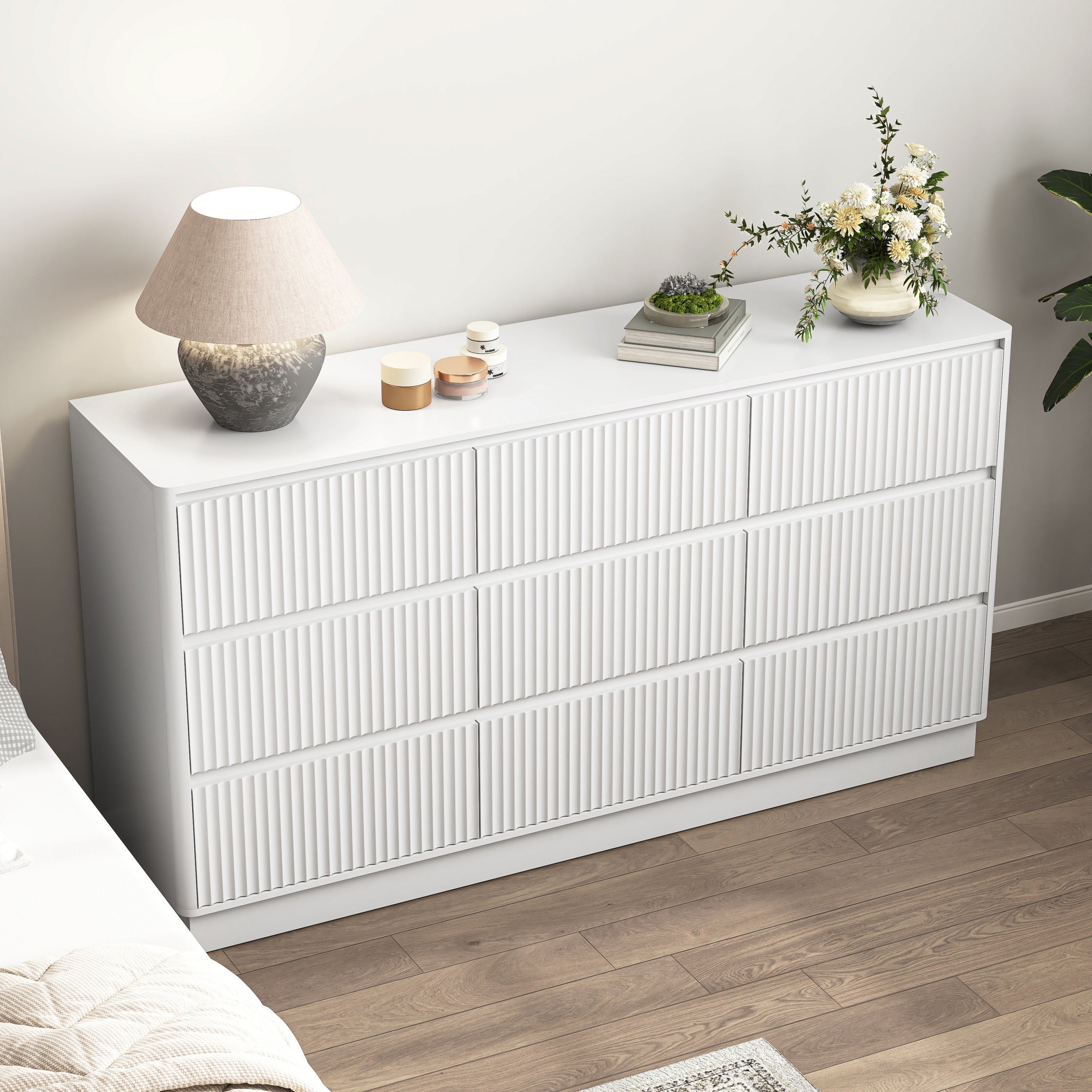 Dresser Mid-Century 9-Drawer White Wave No-Handle 59.1x15.7x31.6 In