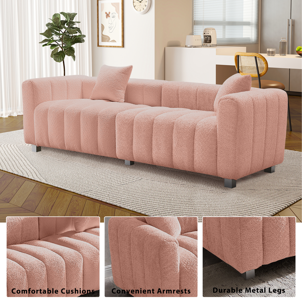 Sofa Modular Velvet Teddy Pink 3 Seat Metal Legs 87 In 750 LB