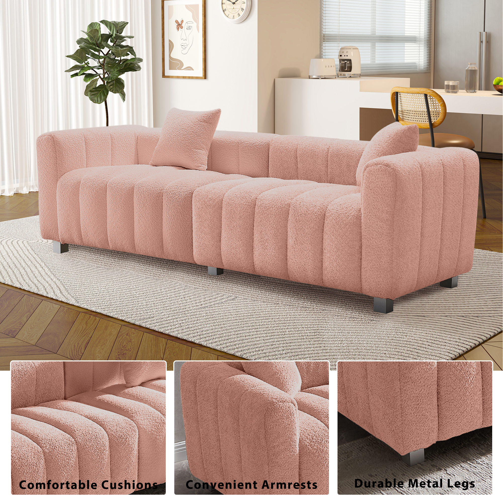 Sofa Modular Velvet Teddy Pink 3 Seat Metal Legs 87 In 750 LB