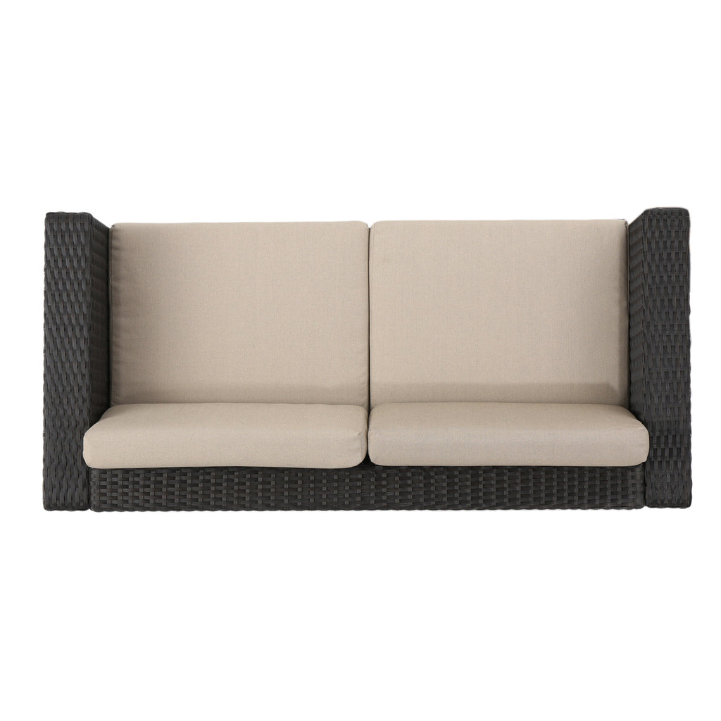 Outdoor Patio Set PE Rattan Dark Brown 4 Piece Loveseat Chairs Coffee Table