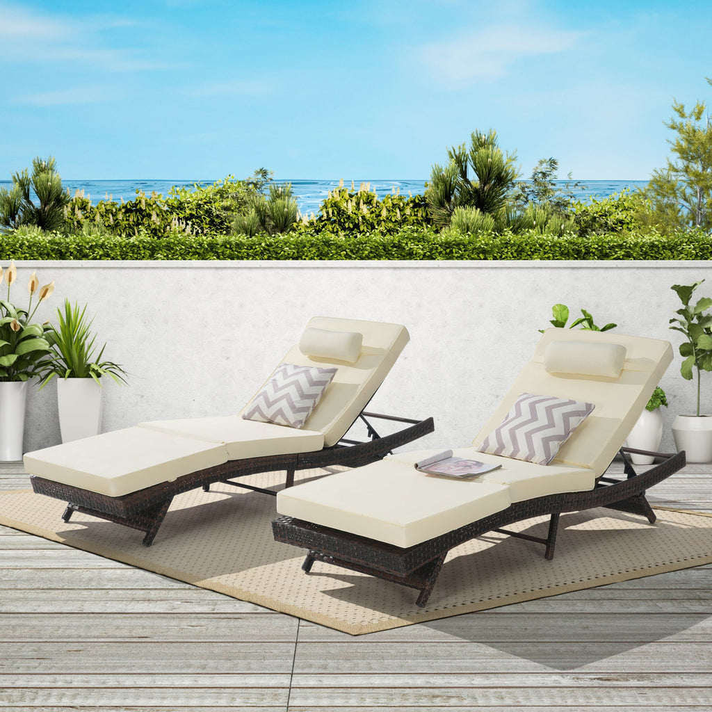 Outdoor Reclining Lounge Chair Wicker Khaki Set of 2 150 Degree 600 LB