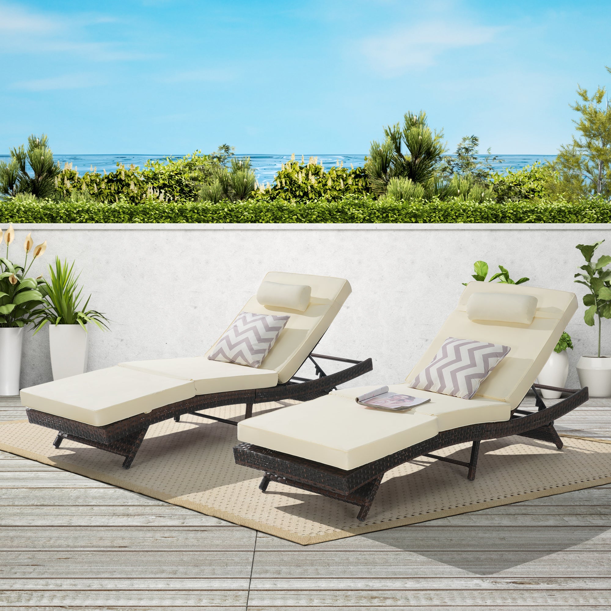 Outdoor Reclining Lounge Chair Wicker Khaki Set of 2 150 Degree 600 LB