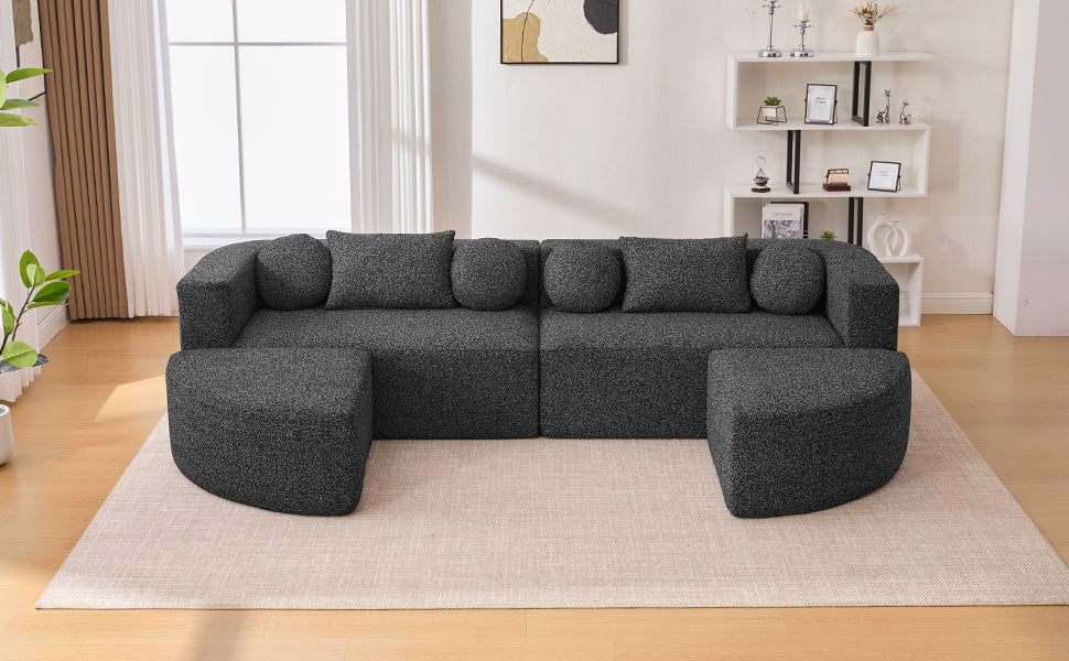 Sectional Sofa U-Shape Modular Boucle Black 6-Seat Deep Seating 114.9x64.5 In
