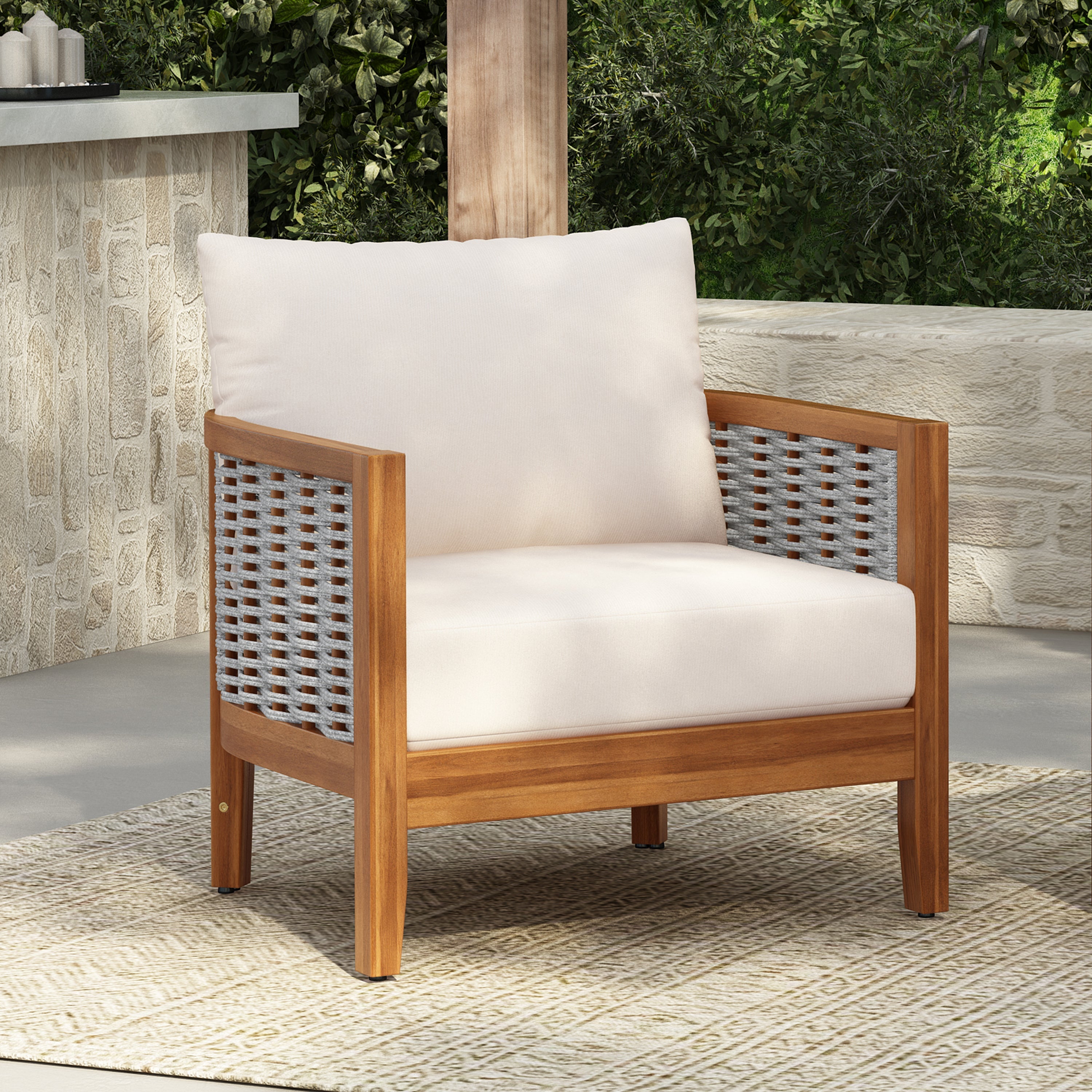 Outdoor Tub Chair Acacia Wood Rope Teak Beige Cushion Deep Seat 27in