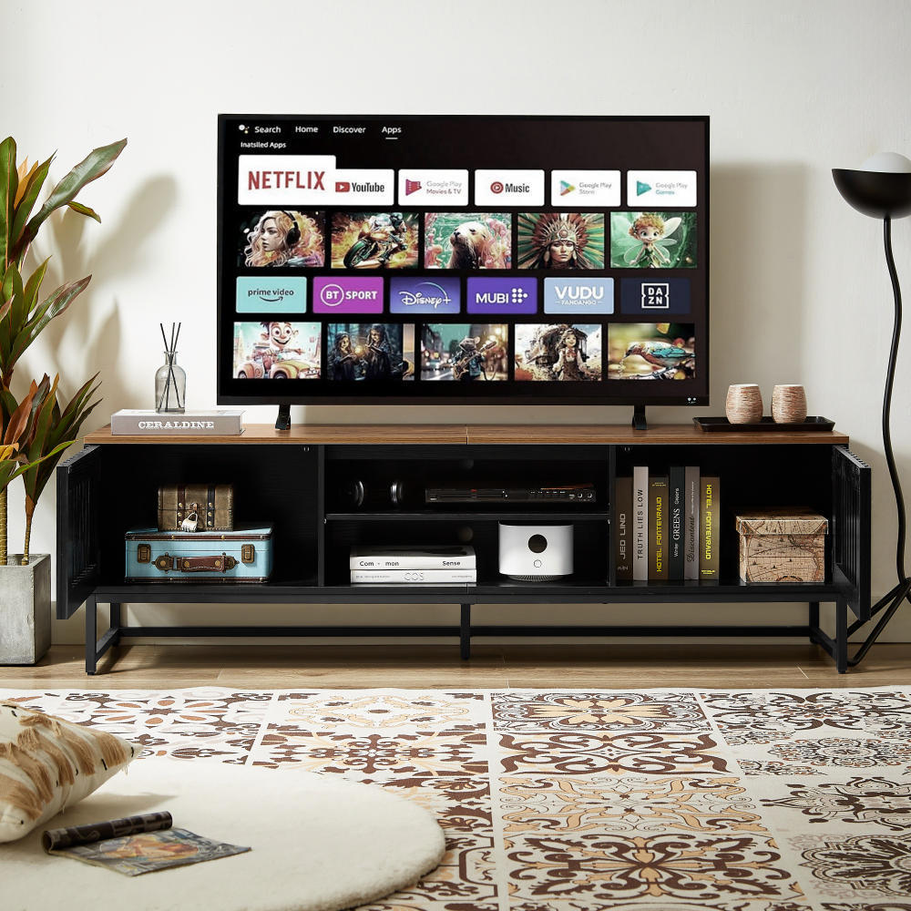 TV Stand Mid-Century Black MDF Slatted Grille Doors 4-Shelf Fits 60 In TV