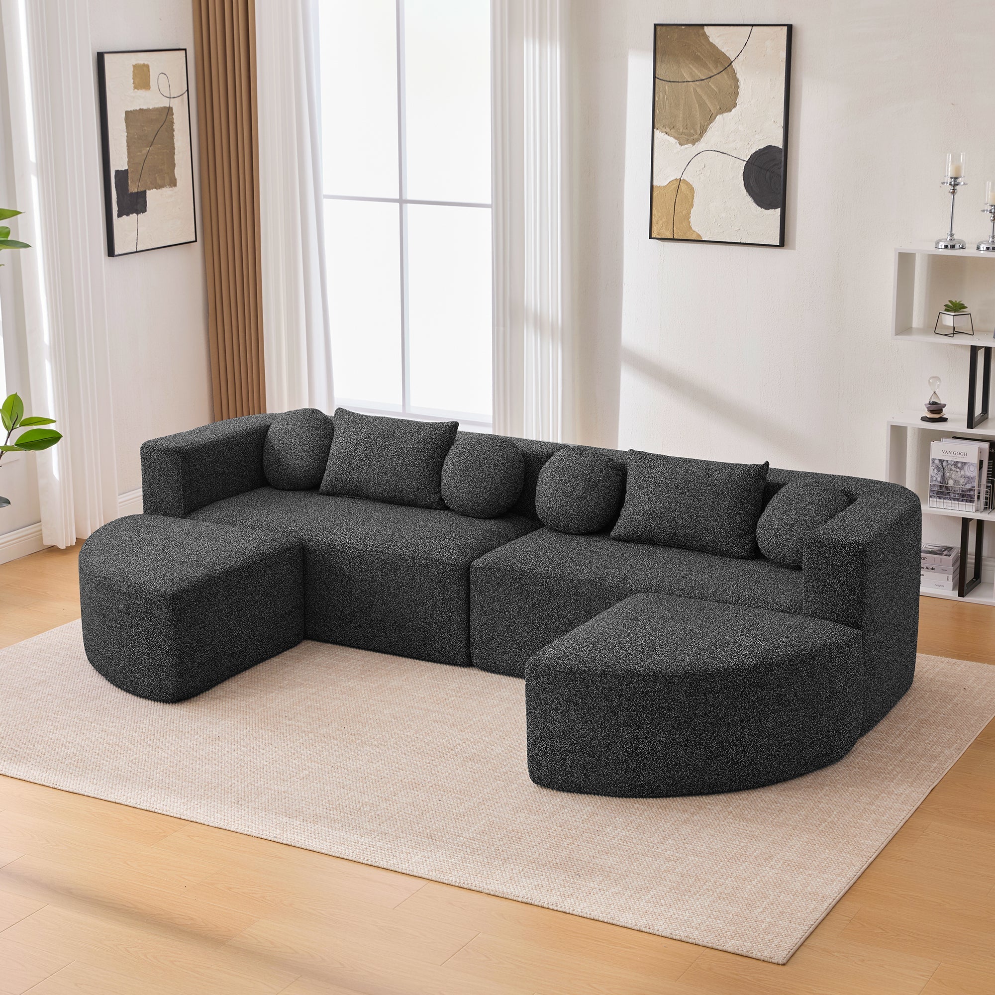 Sectional Sofa U-Shape Modular Boucle Black 6-Seat Deep Seating 114.9x64.5 In
