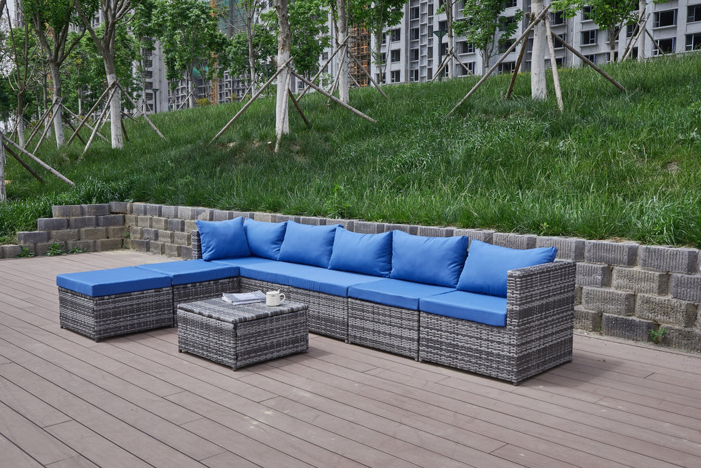 Outdoor Patio Sofa Set PE Rattan Blue Gray All Weather Steel Frame