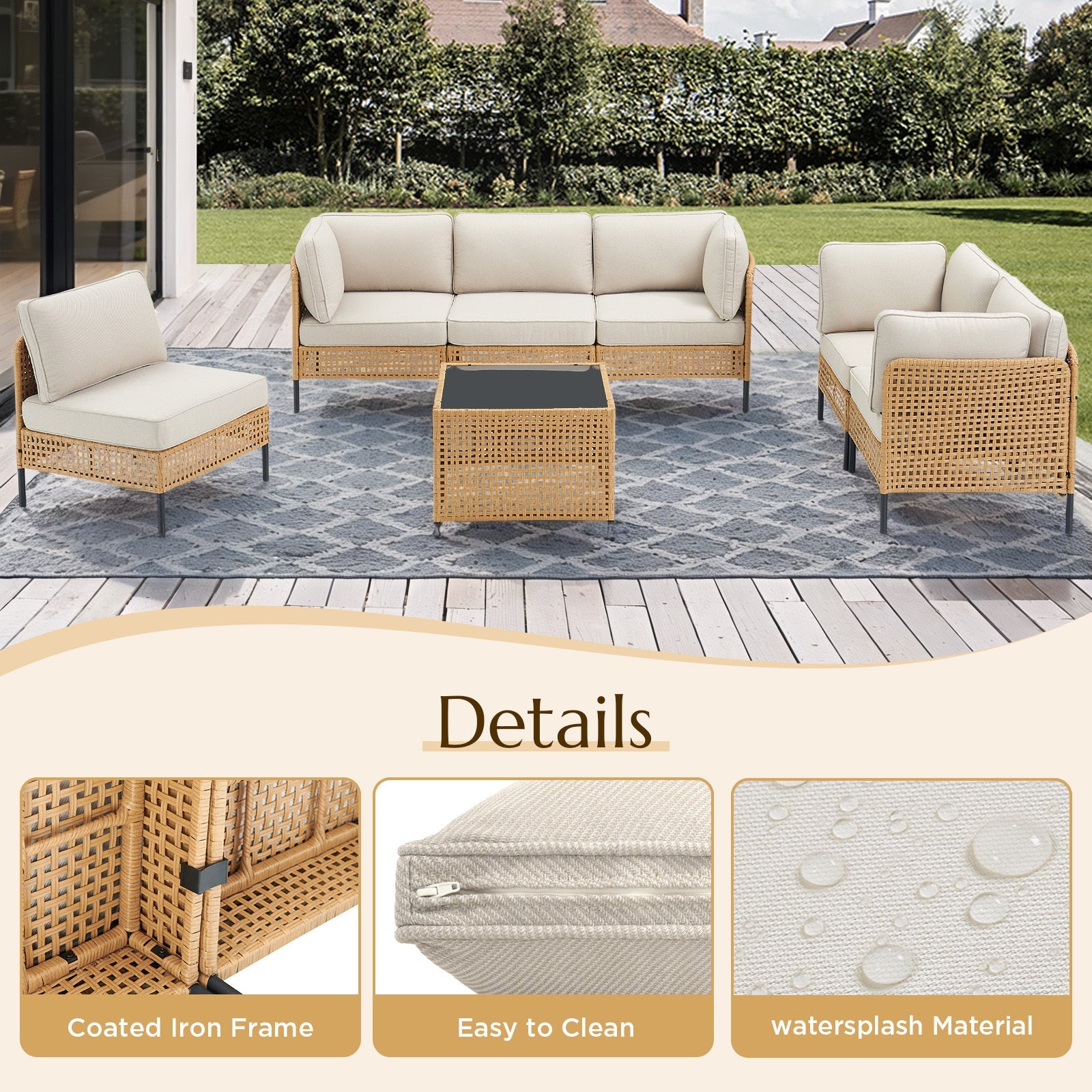 Outdoor Sectional Set Wicker Boho Beige Cushion Modular