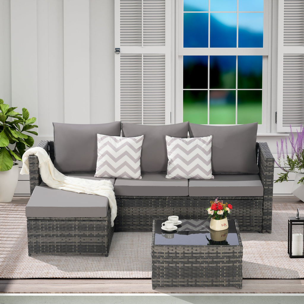 Outdoor Patio Set PE Rattan Metal Dark Gray 3 Piece Ottoman Table