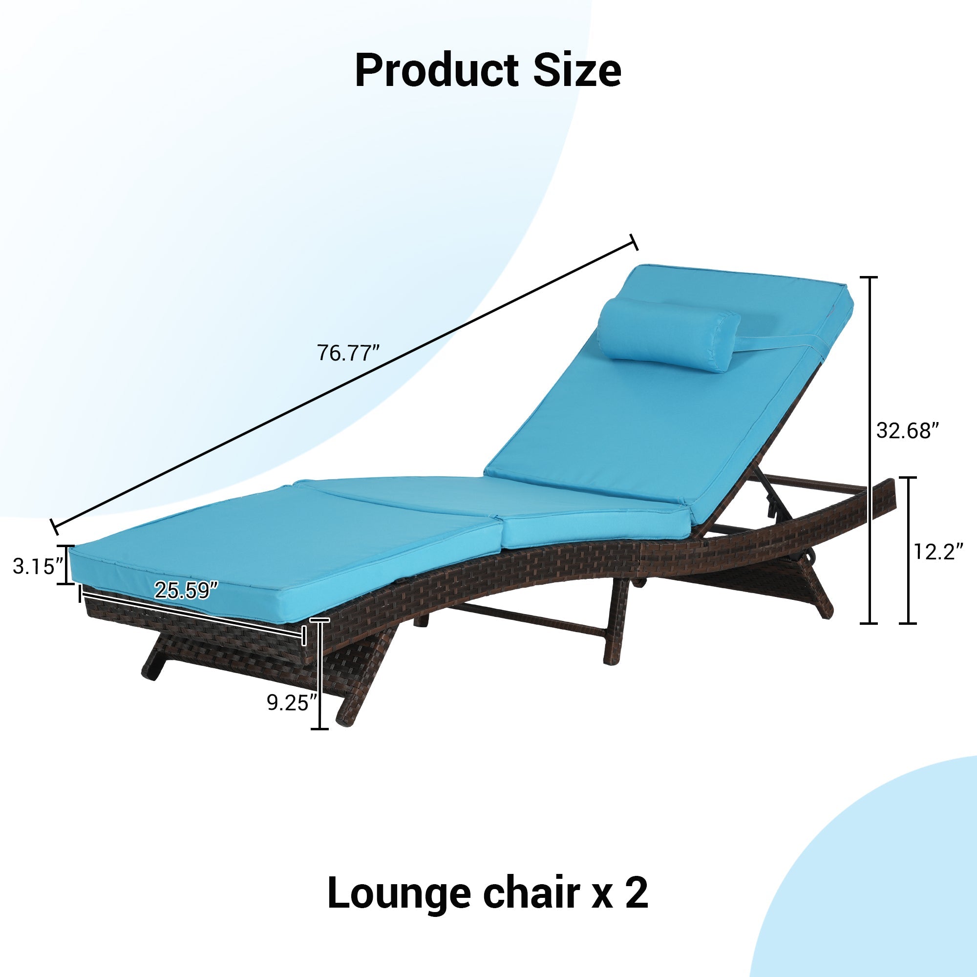 Outdoor Reclining Lounge Chair PE Rattan Light Blue Set of 2