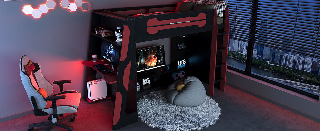 Twin Size Wood Loft Bed with Desk, Multi-storage Shelves and RGB Light, Red