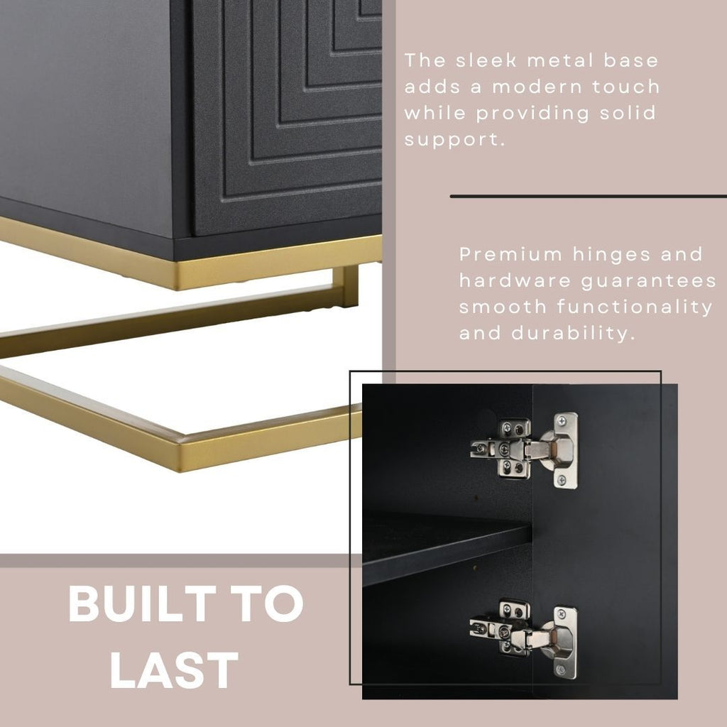 TV Stand Modern Black Gold Geometric Door MDF Adjustable Shelves Fits 80 In