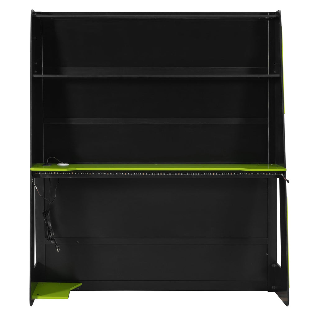 Full Size Wood Loft Bed with Desk, Multi-storage Shelves and RGB Light, Green