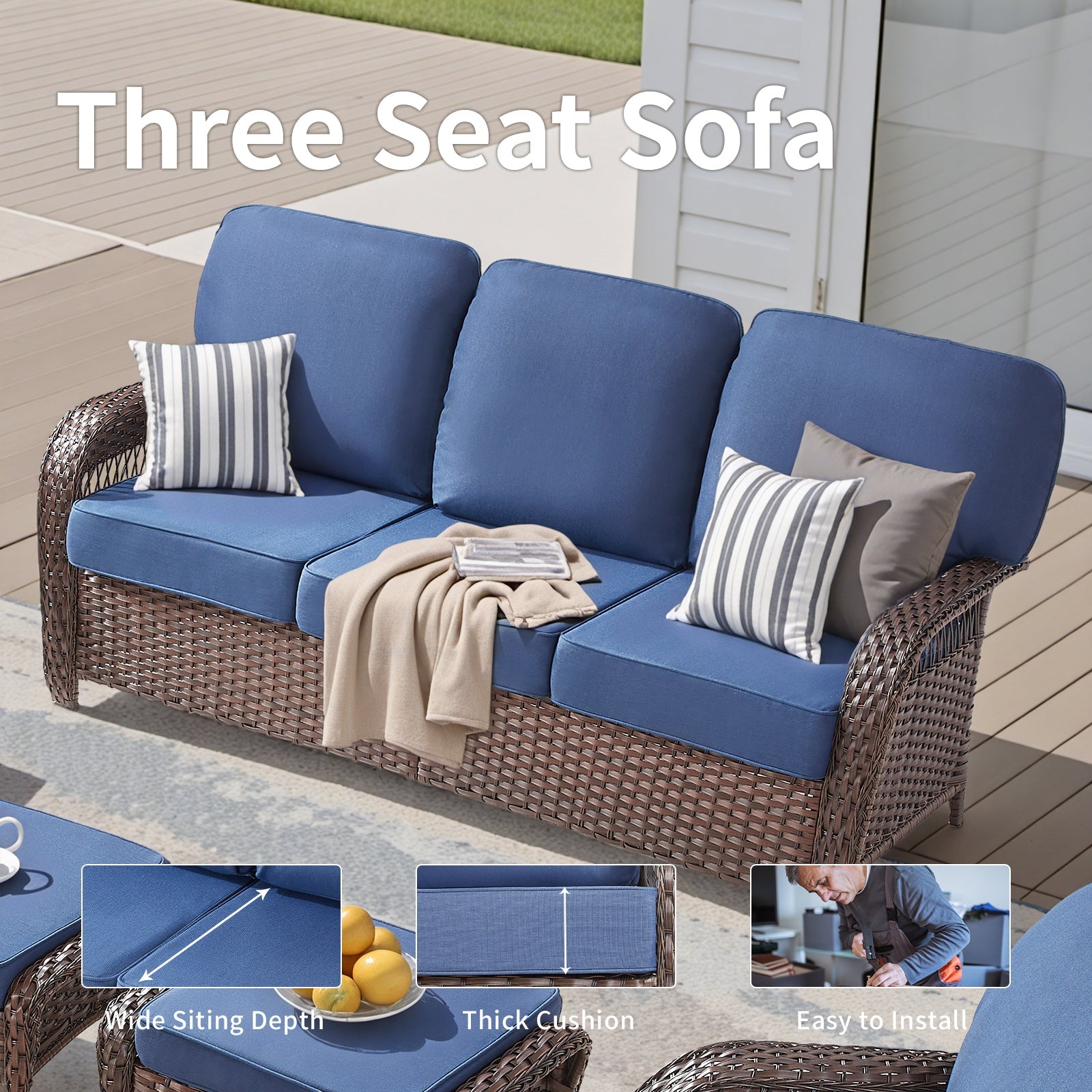 Outdoor Sofa T-Back PE Rattan Blue 3 Seat 5 in Foam Cushions 75in