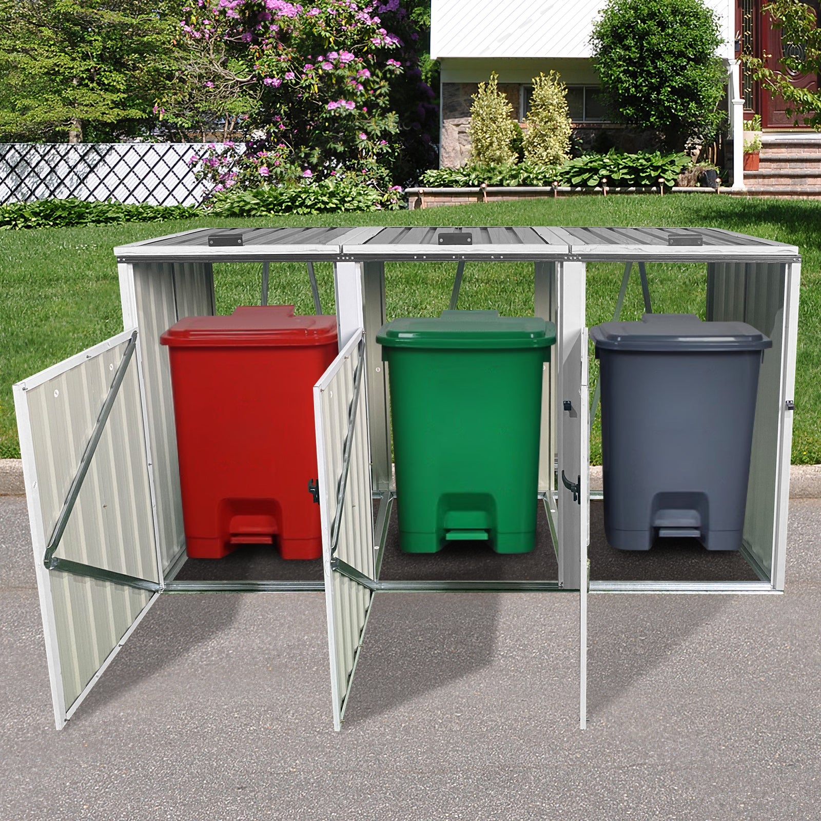 Outdoor Trash Can Shed Galvanized Steel 3 Bin