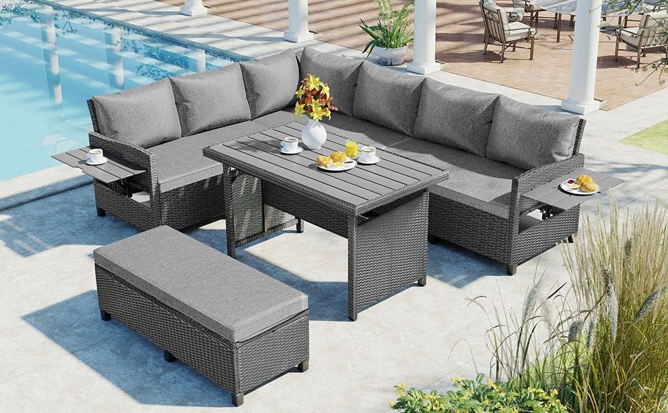 Outdoor Sectional Set PE Wicker Steel Gray 5 Piece L-Shape Seats 7