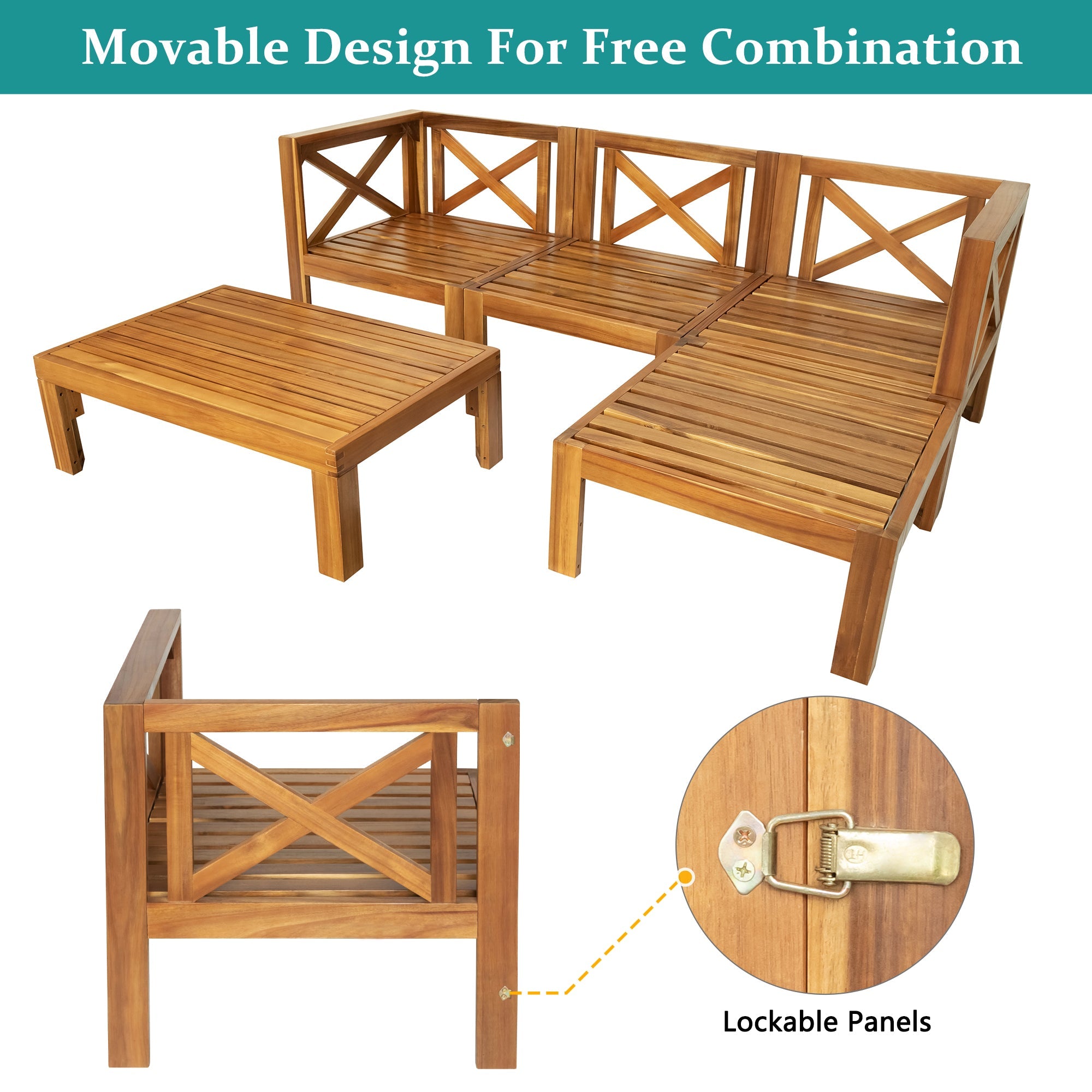Outdoor Patio Sectional Set Acacia Wood Natural Beige Cushions 5 Piece