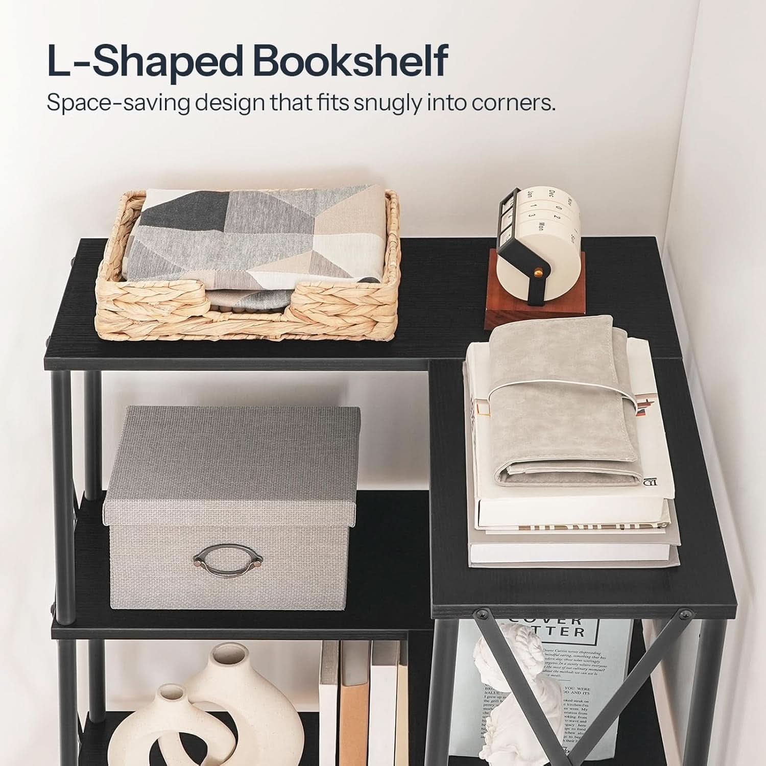 Corner Bookshelf 5 Tier L Shaped Industrial Open Display Shelf Black