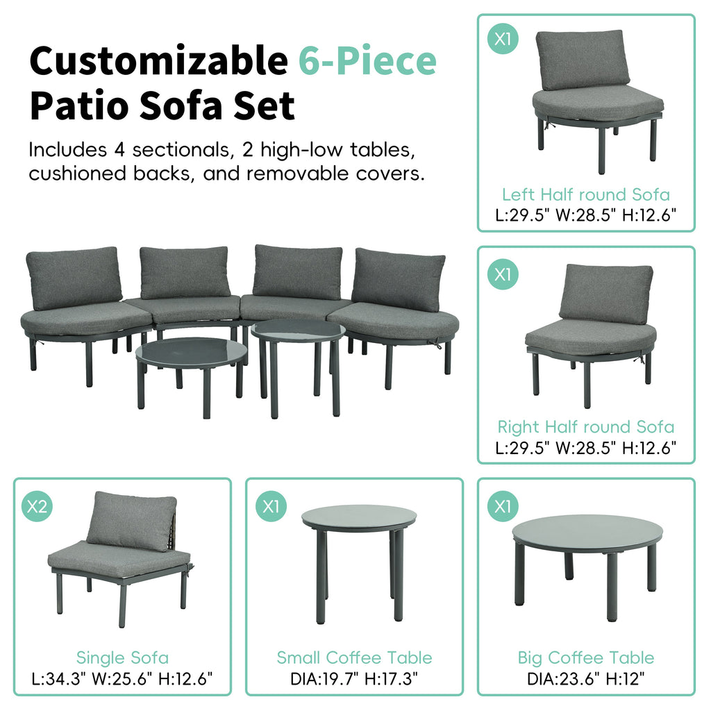 Outdoor Sectional Set PE Wicker Aluminum Gray Half Moon 6 Piece 300 LB