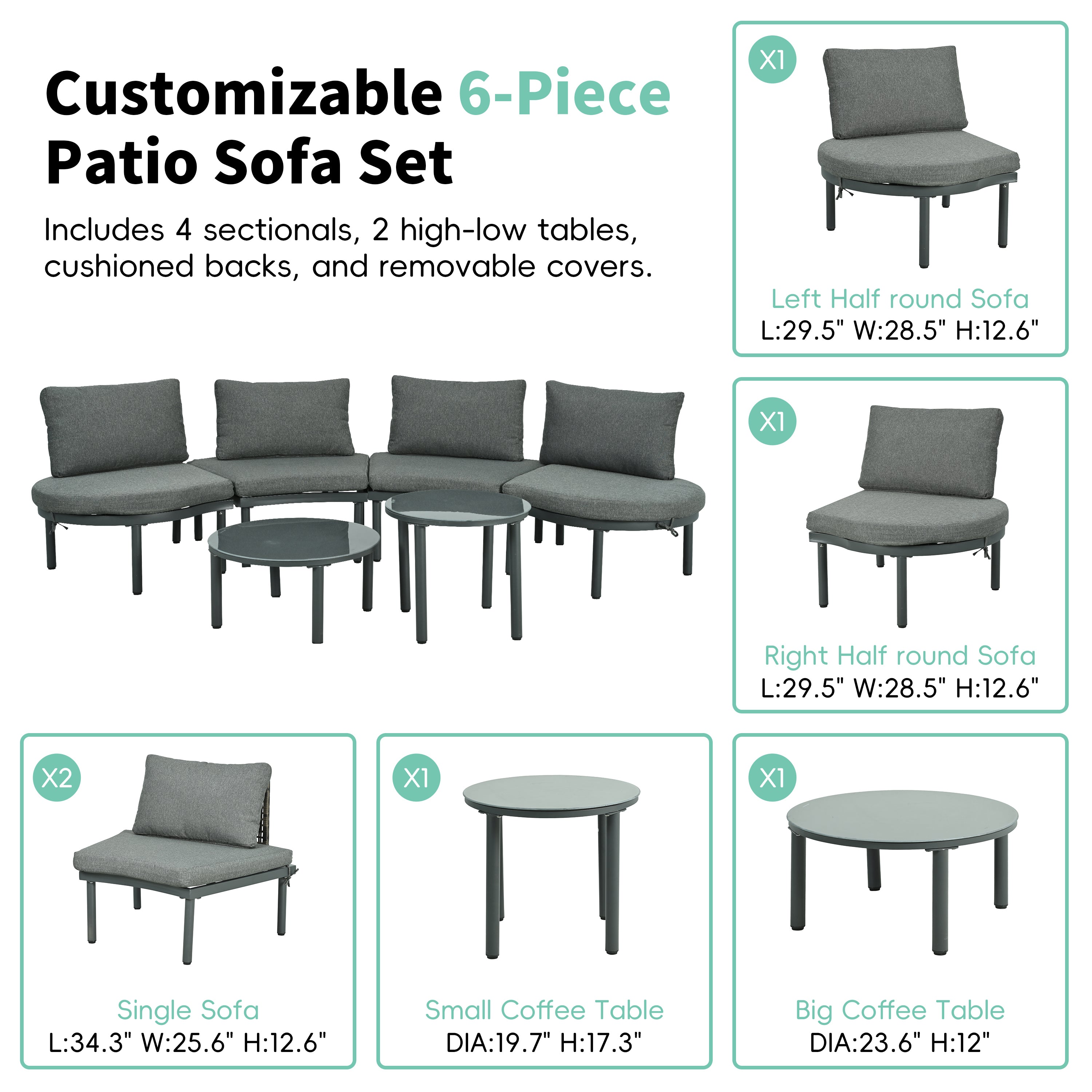 Outdoor Sectional Set PE Wicker Aluminum Gray Half Moon 6 Piece 300 LB