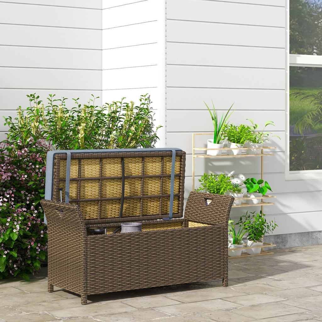 Outdoor Storage Bench PE Rattan Dark Blue 27 Gallon 2 in 1 with Cushion