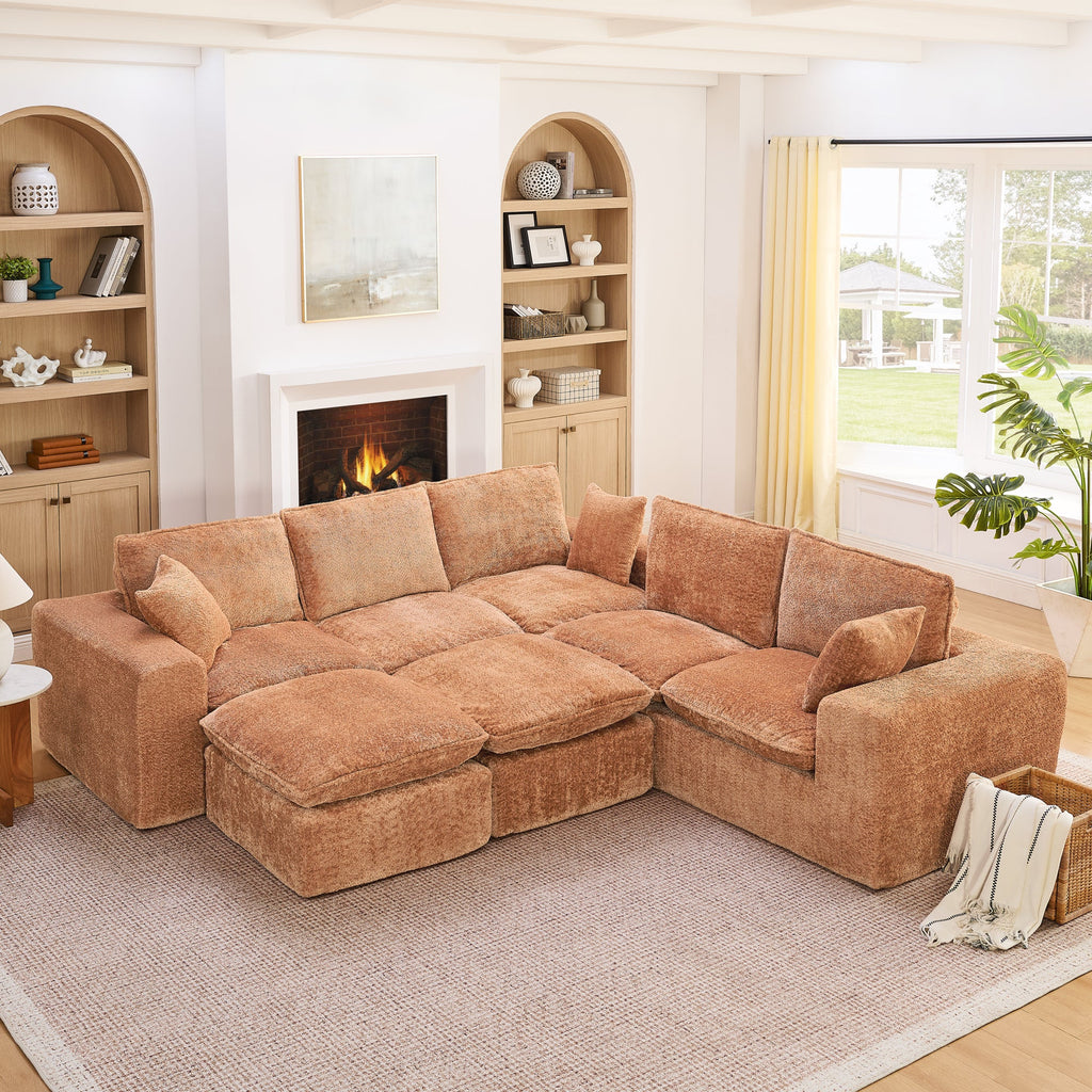 Sectional Sofa Modular Boucle Orange 7 Seat Ottomans 107 In No Assembly