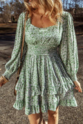 Elegant Ruffle Hem Floral Mini Dress Square Neck Long Sleeve Romantic Dress