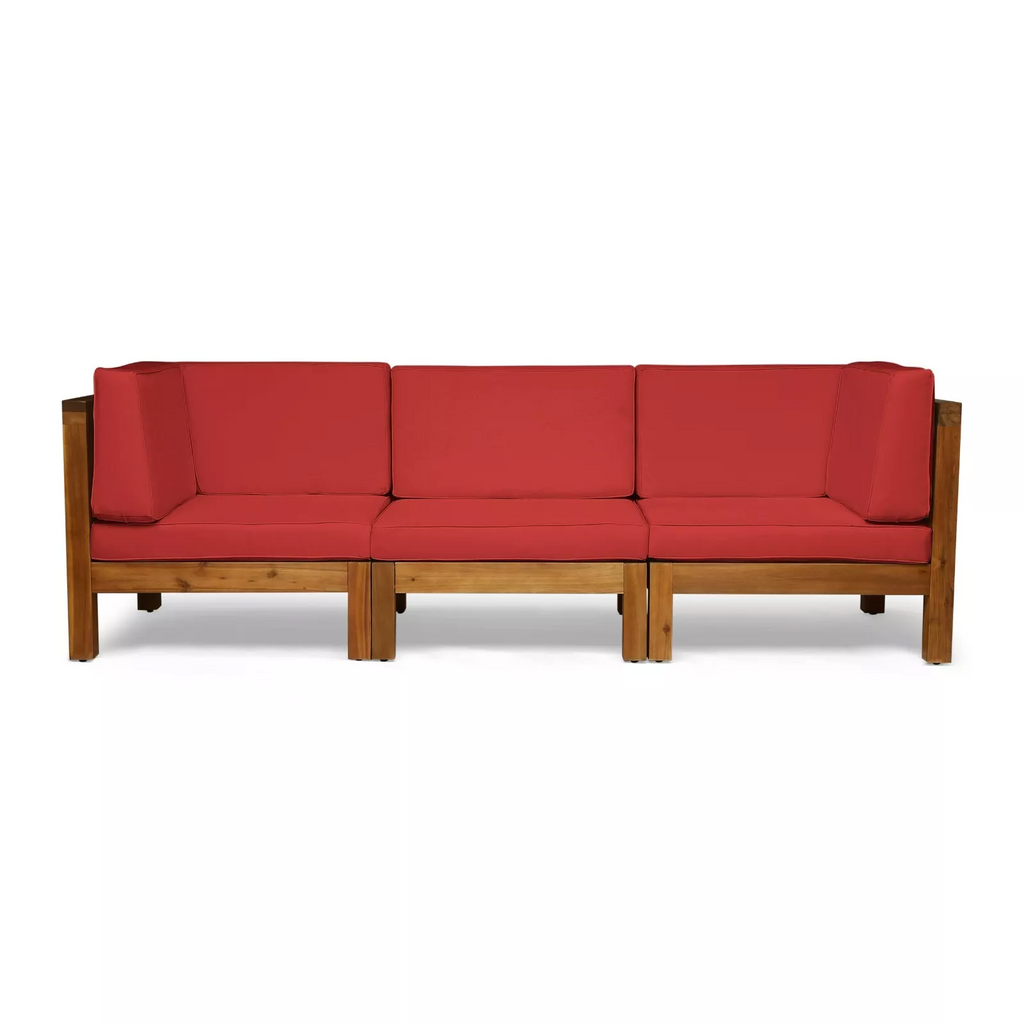 Outdoor Sectional Sofa Set Acacia Wood Cross-Back Red 3 Seater