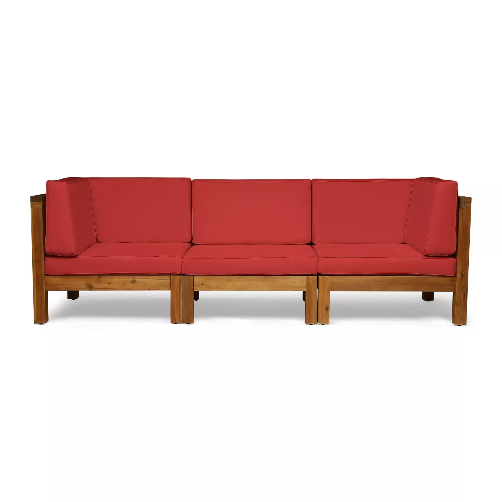 Outdoor Sectional Sofa Set Acacia Wood Cross-Back Red 3 Seater