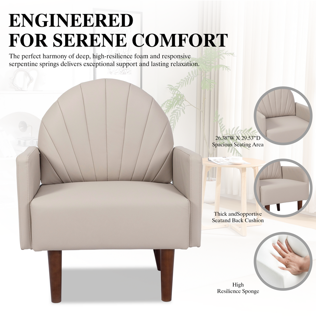 Accent Chair Shell-Shape PU Leather Khaki Solid Wood Legs Easy Assembly