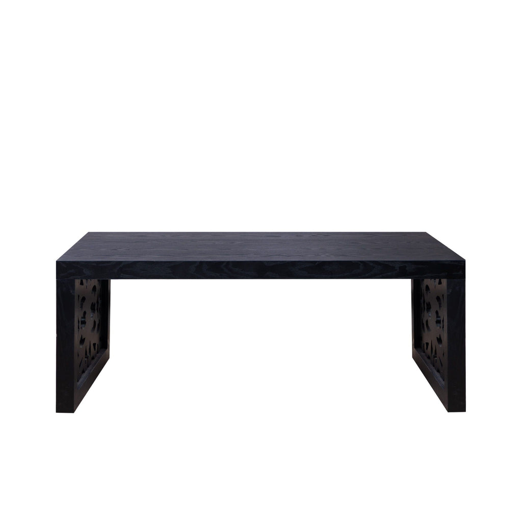 Rustic Carved Wood Coffee Table, Handcrafted Look With Ornate Side Panels