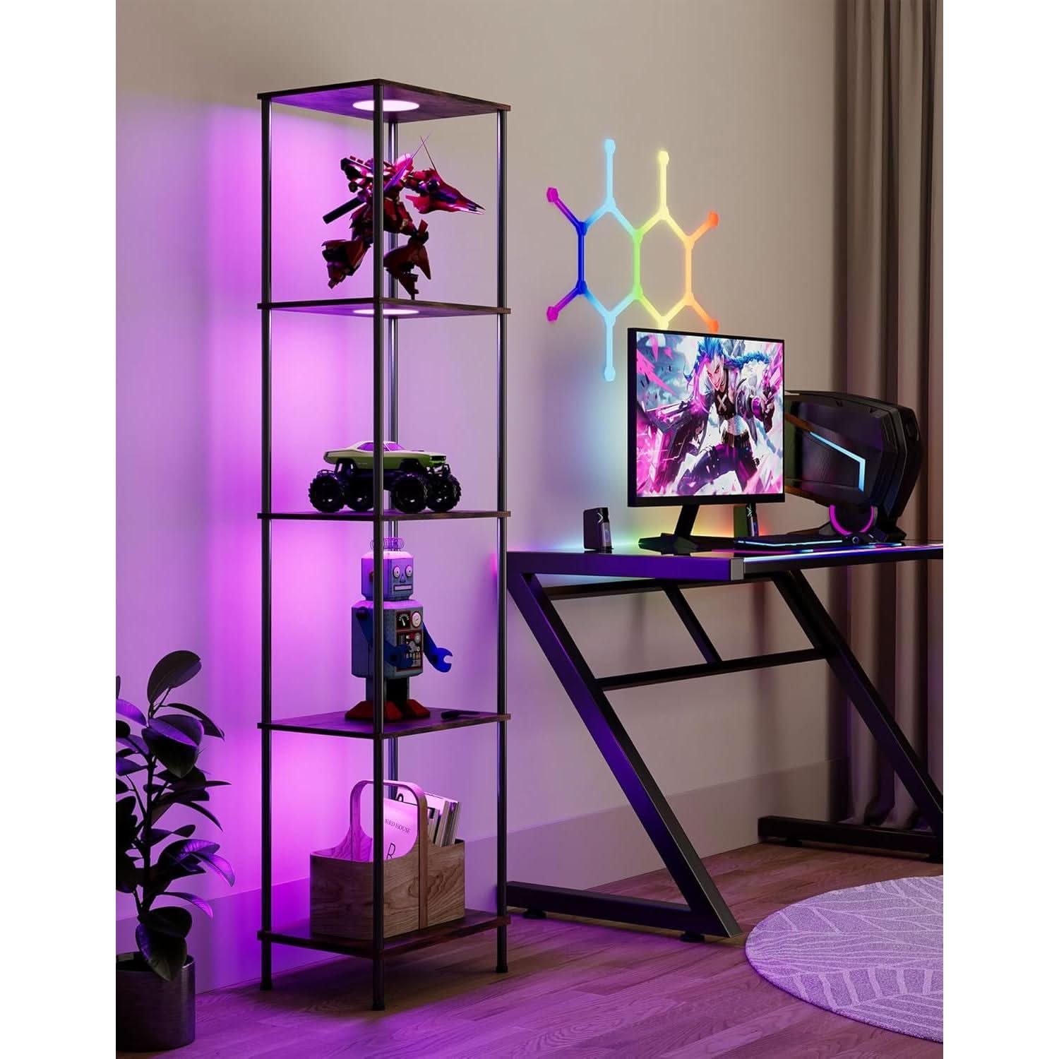 Display Shelf With RGBW Light Floor Lamp 5 Tier Brown