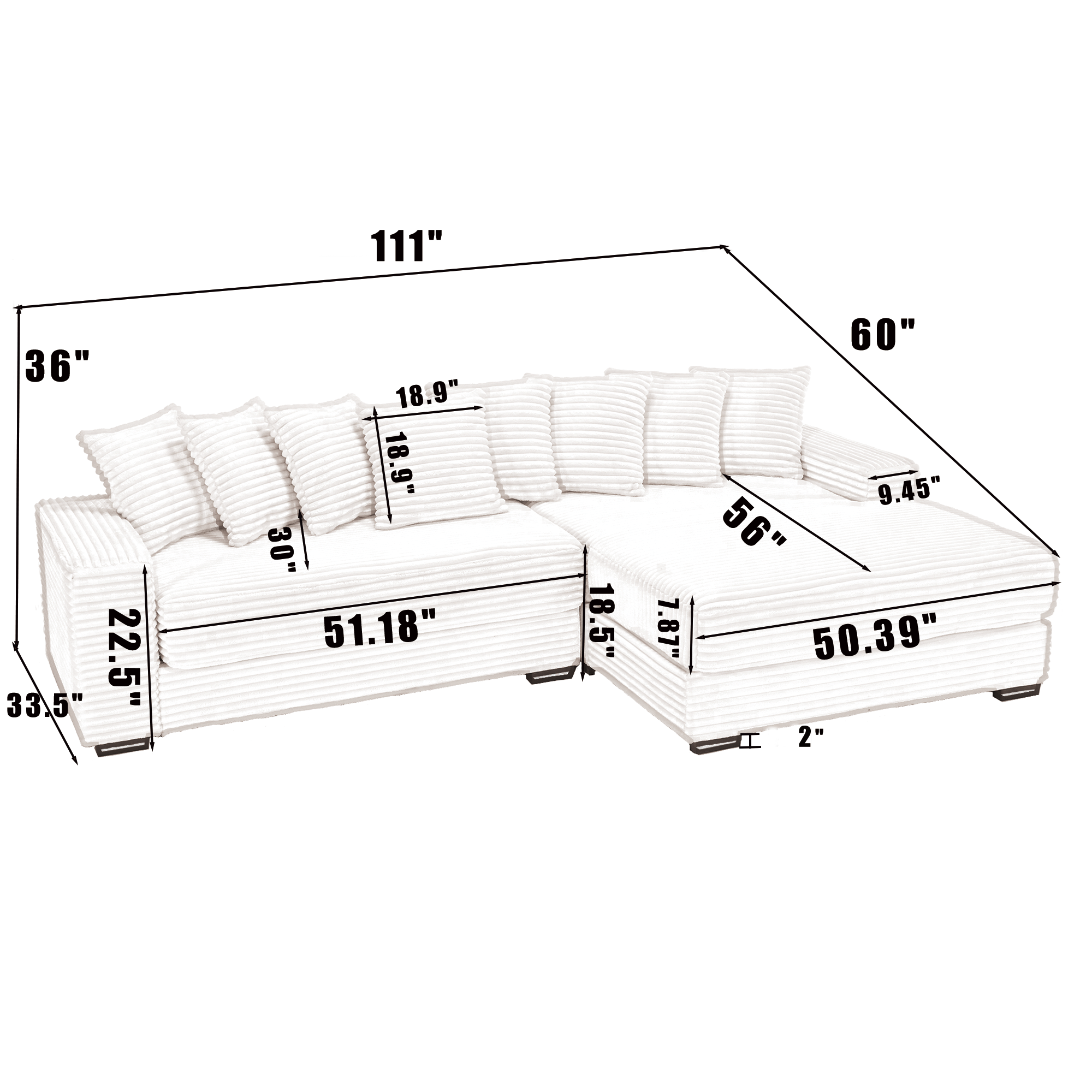 Oversized Two-Piece  Couches,  L Shaped Sofa, Corduroy, Right Chaise Daybed,with Armrests,Eight Throw Pillows,Corner Sofa,Easy To Assemble,  Black