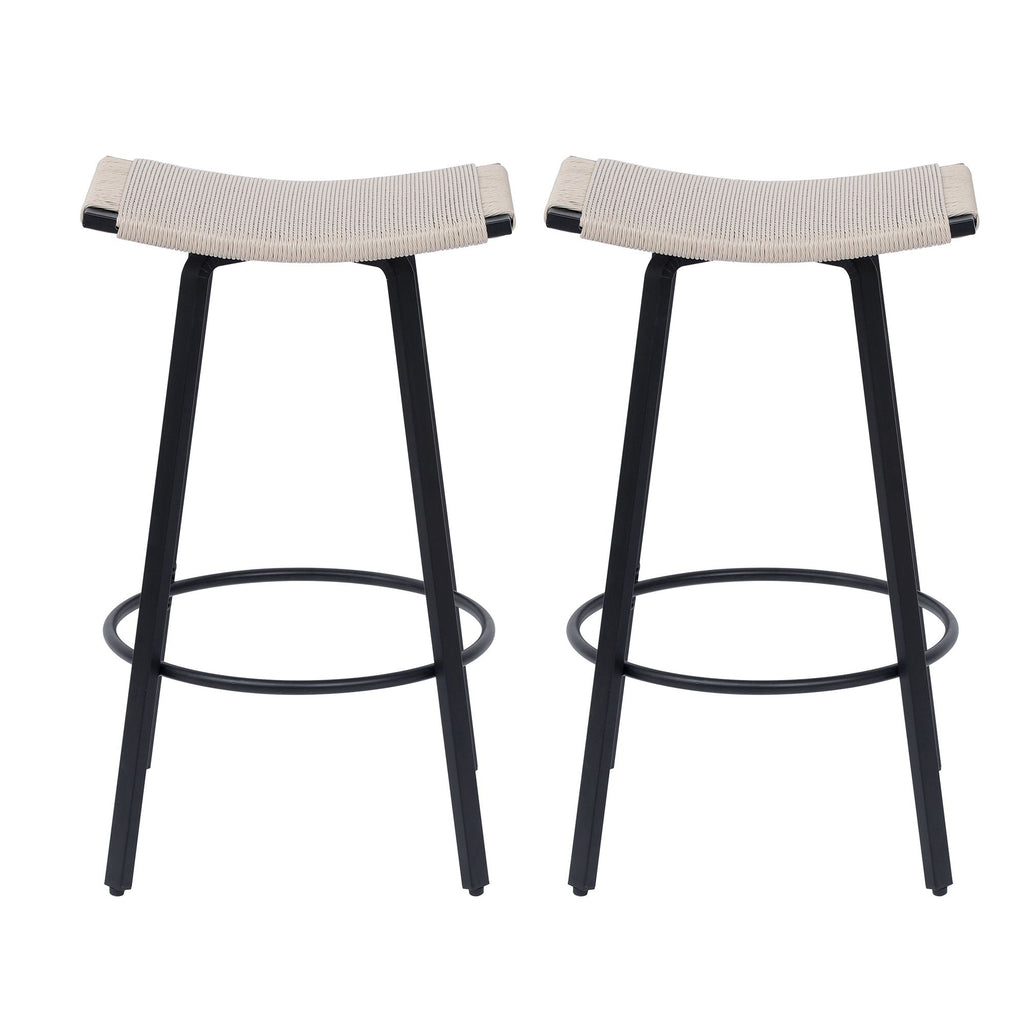 Counter Height Bar Stools Backless Handwoven Kitchen Dining Chairs With Round Footrest (Set of 2) Weaving Pub Stoo - Creamy White