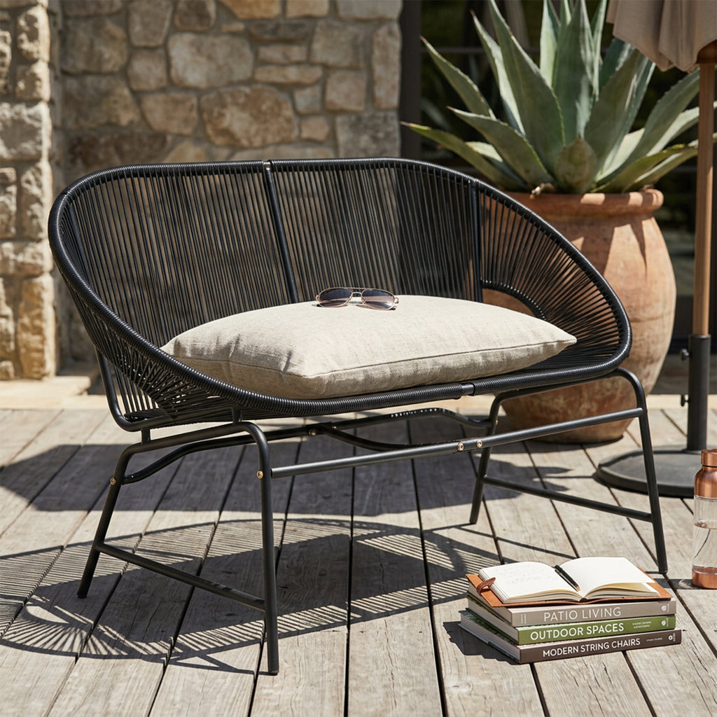 Outdoor Loveseat PE Rattan Iron Black UV Resistant No Cushion 52in