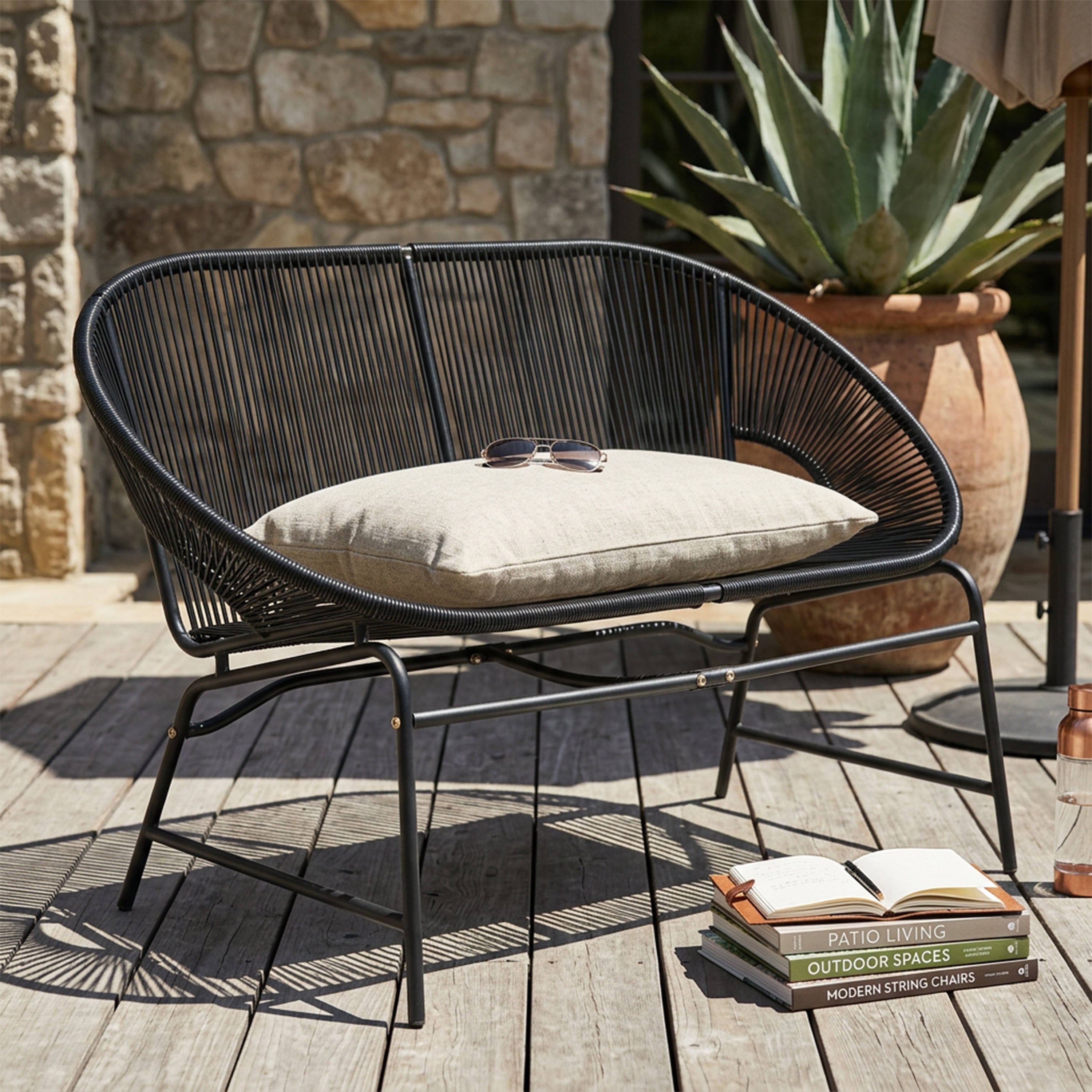 Outdoor Loveseat PE Rattan Iron Black UV Resistant No Cushion 52in