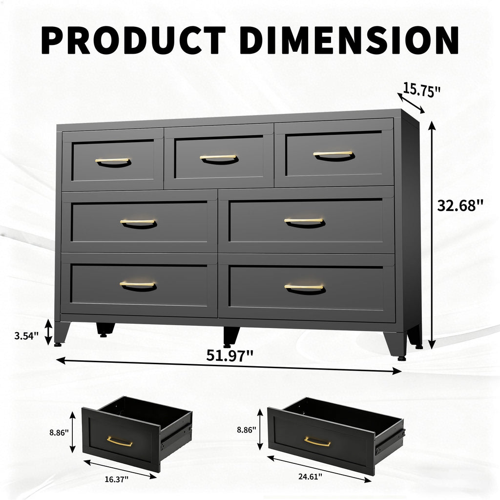 Dresser Low-Profile 7-Drawer Black Steel Smooth Glide 47.3x15.8x30.8 In