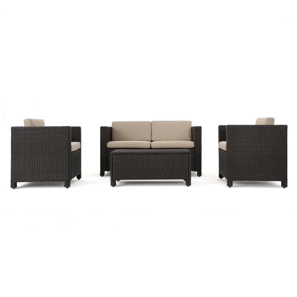 Outdoor Patio Set PE Rattan Dark Brown 4 Piece Loveseat Chairs Coffee Table