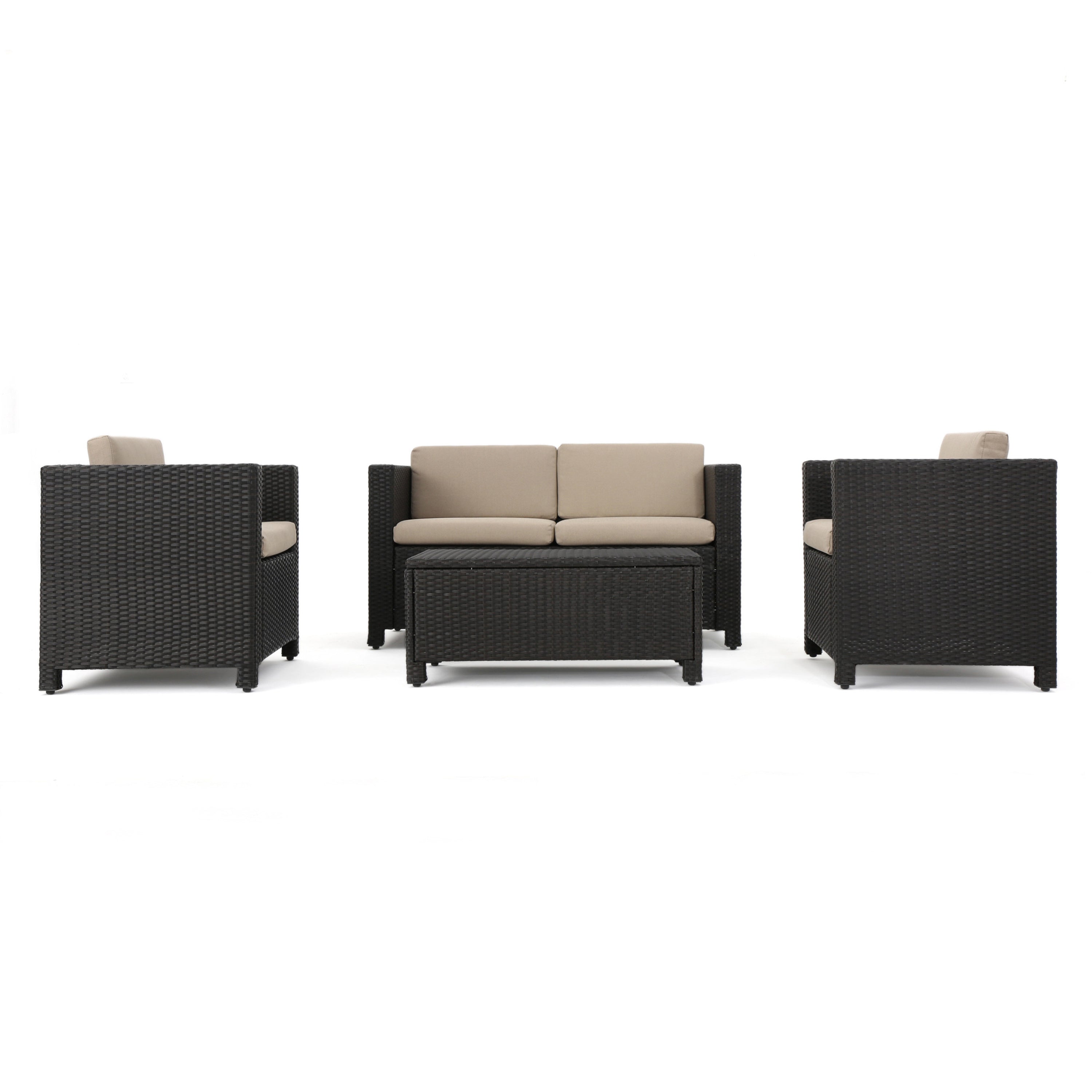 Outdoor Patio Set PE Rattan Dark Brown 4 Piece Loveseat Chairs Coffee Table