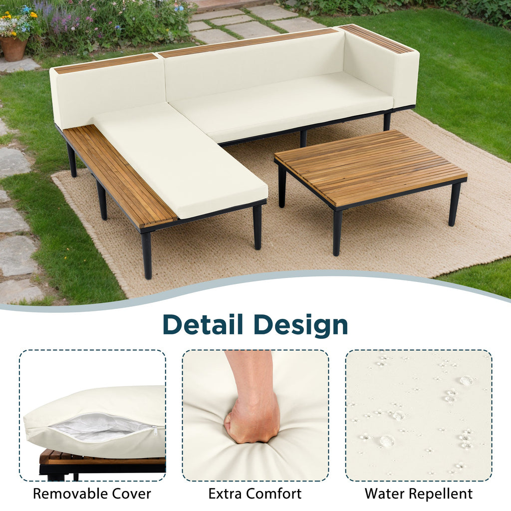 Outdoor Patio Set Acacia Wood Iron Beige L-Shape Seats 6 396 LB