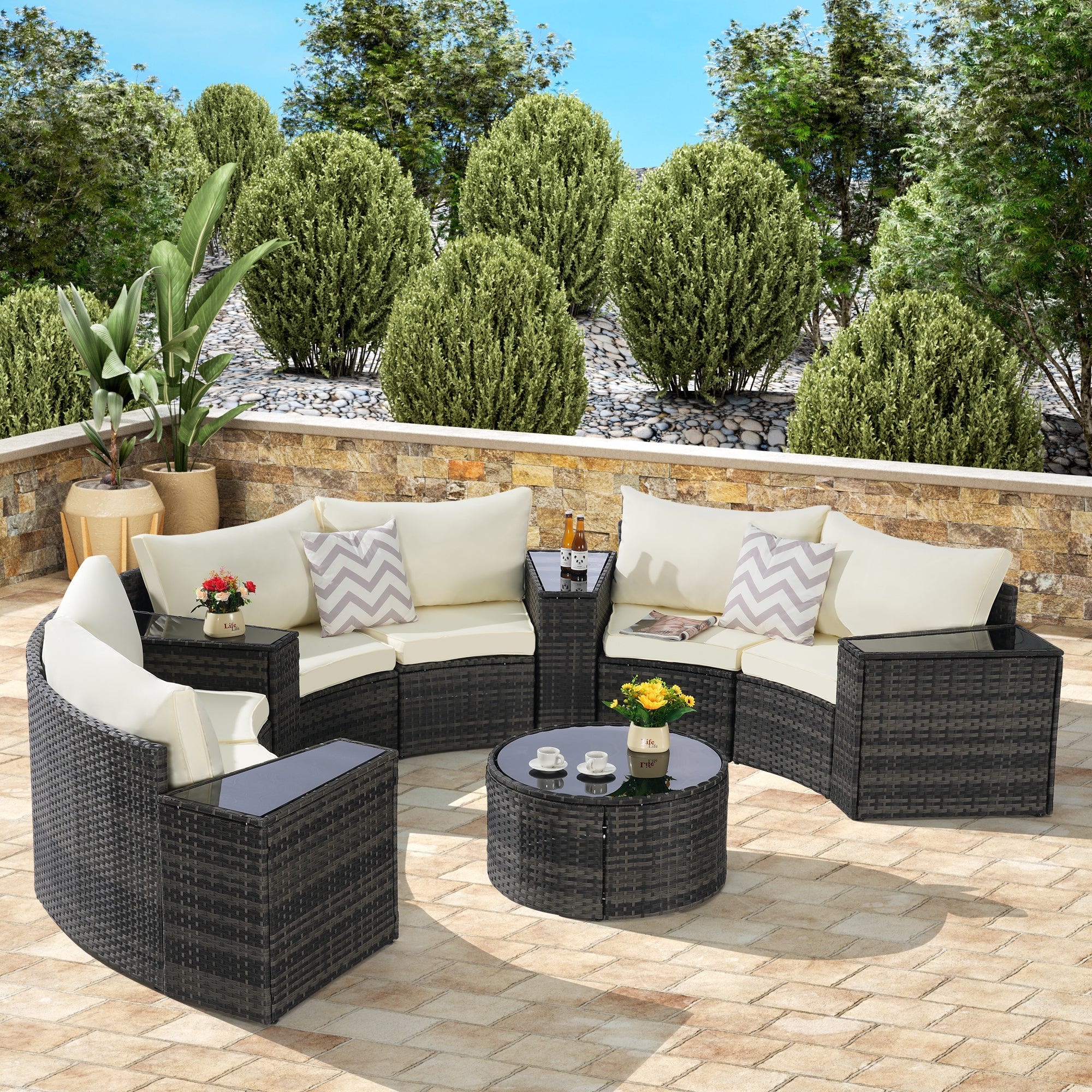 Outdoor Sectional Set PE Rattan Beige Half Moon 11pc