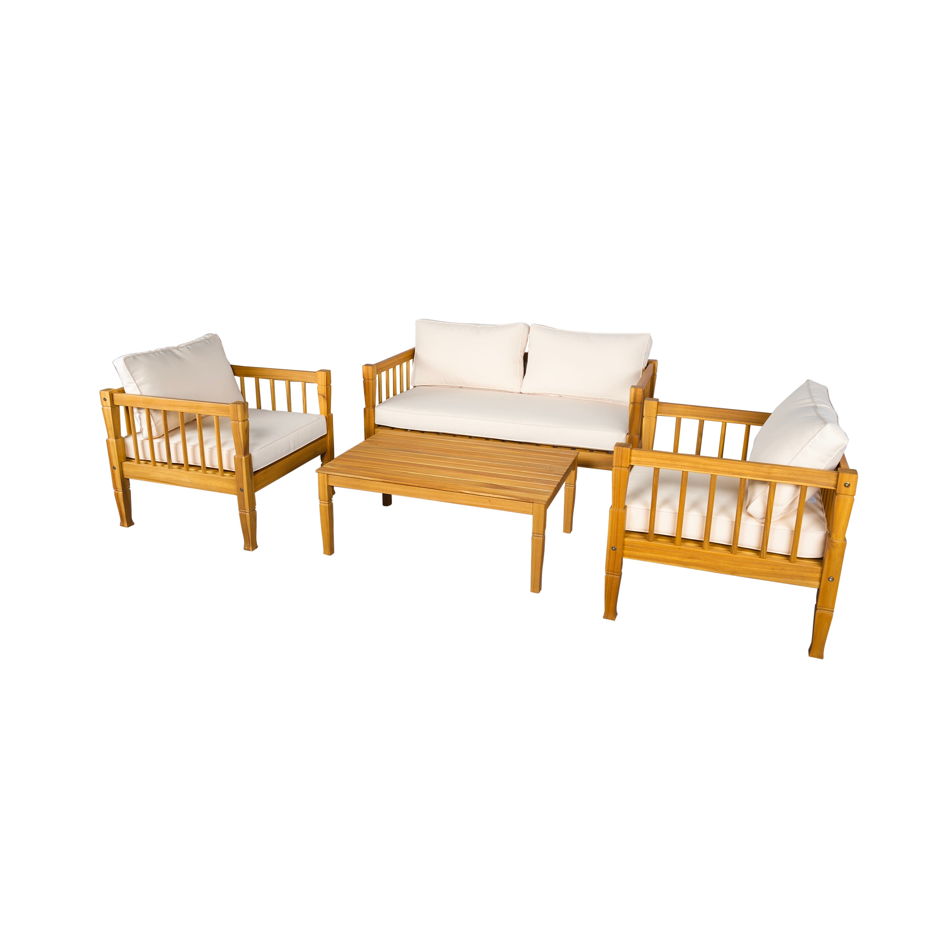 Outdoor Conversation Set Acacia Wood Teak Beige Cushion 4 Piece Seats 4