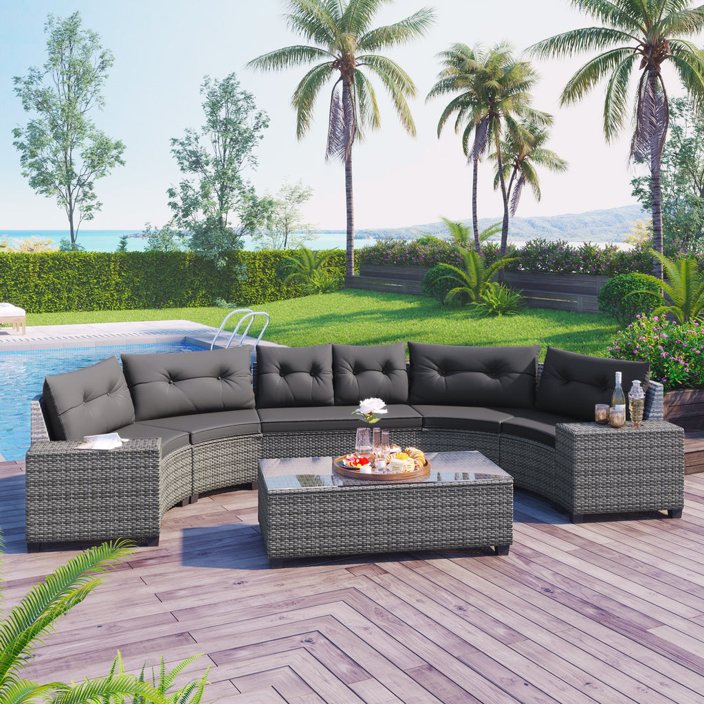 Outdoor Sectional Set PE Wicker Steel Gray Half Moon 8 Piece 250 LB