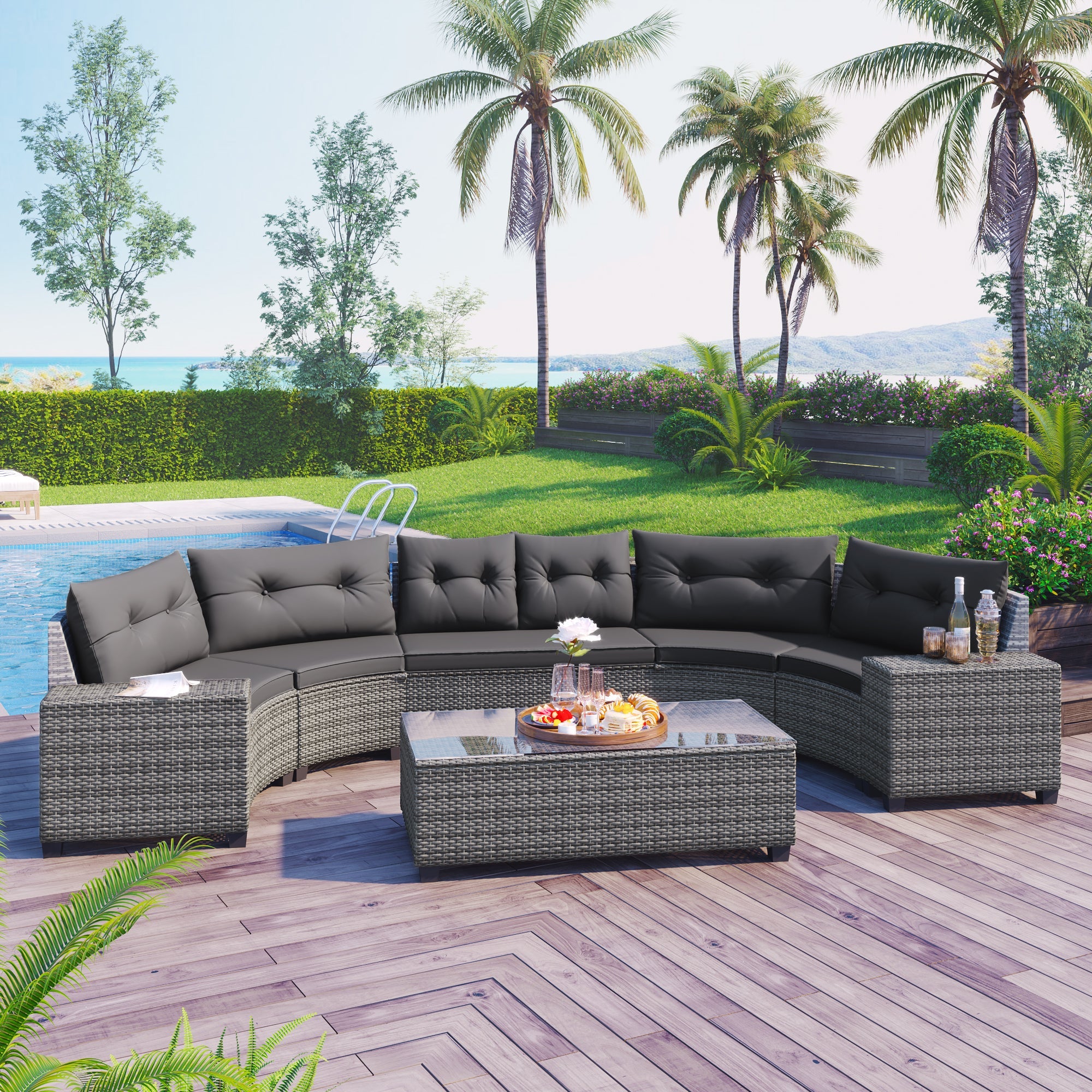 Outdoor Sectional Set PE Wicker Steel Gray Half Moon 8 Piece 250 LB