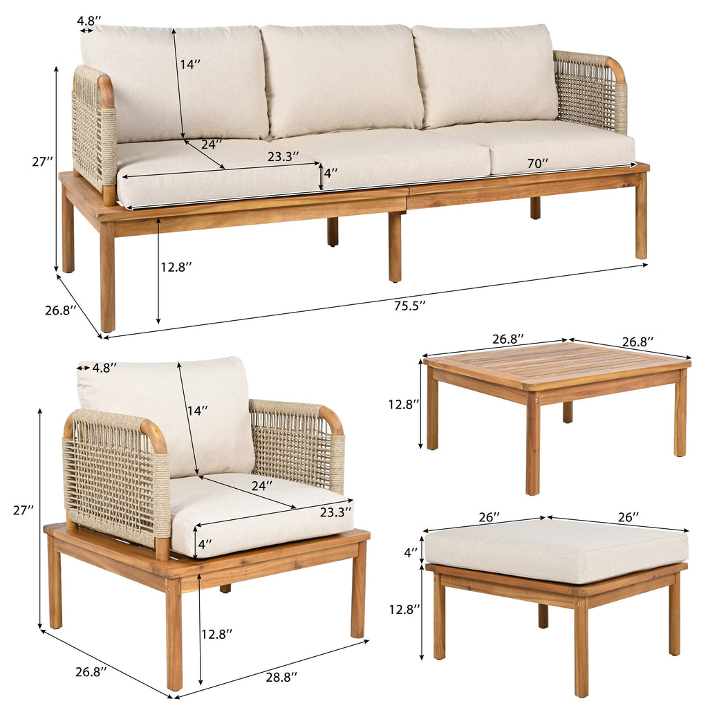 Outdoor Sofa Set Acacia Wood Rope 4 Piece Teak Beige
