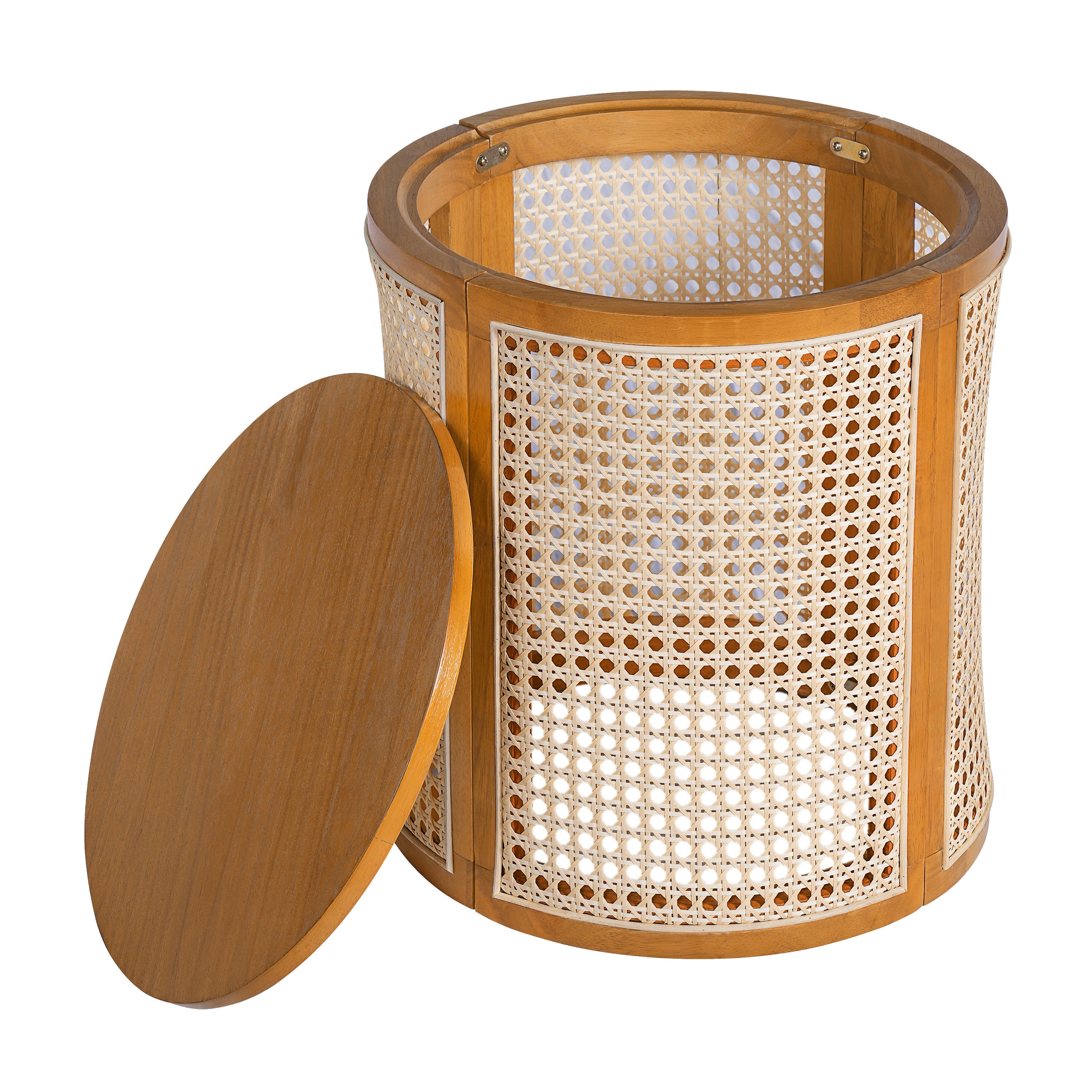 15.70' Round End Table, Hollow Woven Side Table, Small Rubber Wood Nightstand,