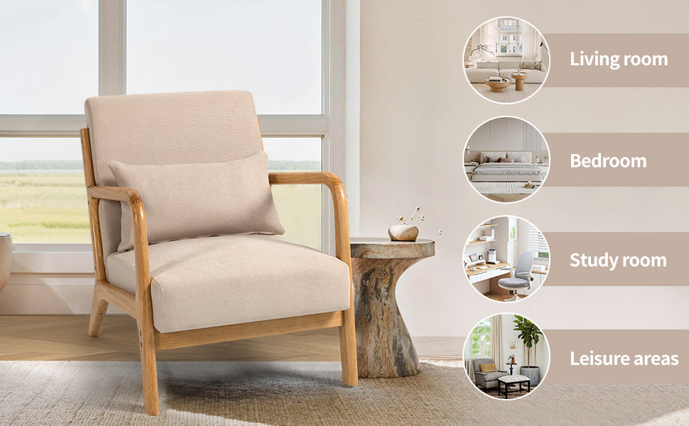 Accent Chair Mid-Century Linen Beige Solid Wood Arms and Legs 23x30x30 In
